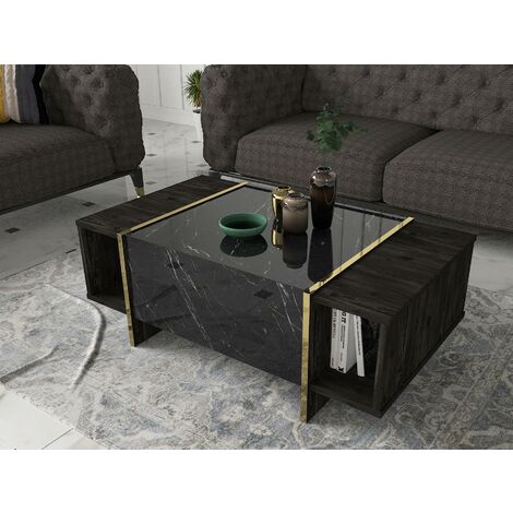 Table Basse en Noir et Or, Design Moderne avec Rangement, 103,8x37,3x60 cm, Pour Salon ou Hall d'Entrée