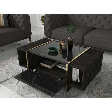 Table Basse en Noir et Or, Design Moderne avec Rangement, 103,8x37,3x60 cm, Pour Salon ou Hall d'Entrée