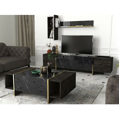Table Basse en Noir et Or, Design Moderne avec Rangement, 103,8x37,3x60 cm, Pour Salon ou Hall d'Entrée