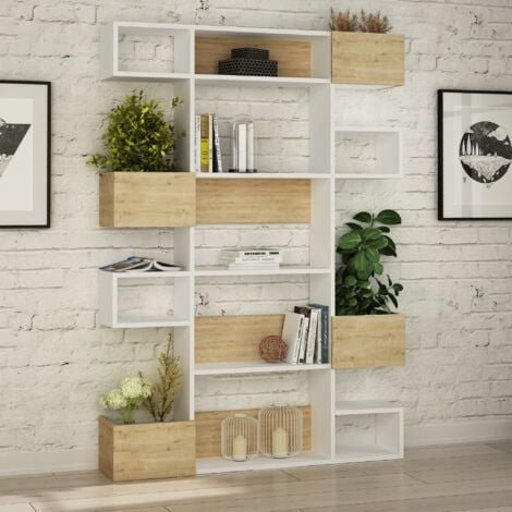 Bibliothèque Bicolore en Chêne et Blanc, Design Moderne, 120x171x25,3 cm, Pour Salon ou Hall d'Entrée