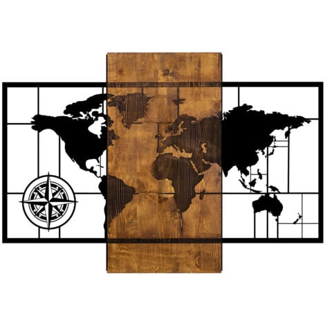 Décoration Murale Carte du Monde en Bois et Métal, 58x85 cm, Pour Bureau de Voyage ou Salon d'Aventurier