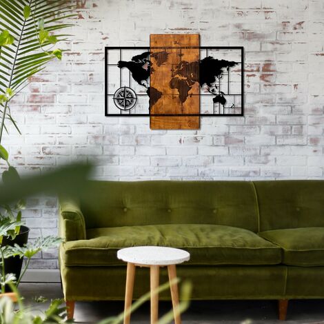 Décoration Murale Carte du Monde en Bois et Métal, 58x85 cm, Pour Bureau de Voyage ou Salon d'Aventurier