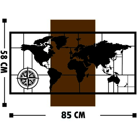 Décoration Murale Carte du Monde en Bois et Métal, 58x85 cm, Pour Bureau de Voyage ou Salon d'Aventurier