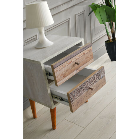 Table de Nuit en Blanc et Noyer avec Deux Tiroirs, 40x55 cm, Pour Chambre à Coucher ou Salon