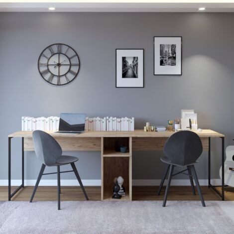 Bureau Double en Chêne avec Étagère Intermédiaire, 240x74x60 cm, Pour Bureau Collaboratif ou Salle d'Étude