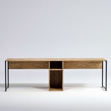 Bureau Double en Chêne avec Étagère Intermédiaire, 240x74x60 cm, Pour Bureau Collaboratif ou Salle d'Étude