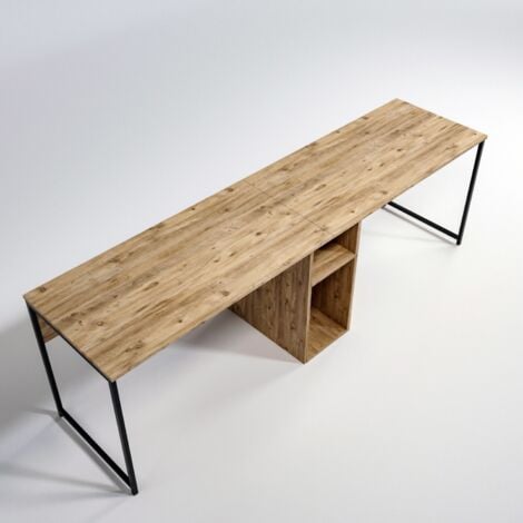 Bureau Double en Chêne avec Étagère Intermédiaire, 240x74x60 cm, Pour Bureau Collaboratif ou Salle d'Étude