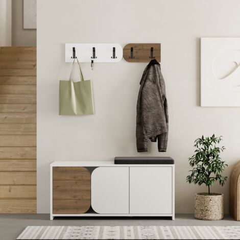 Meuble à Chaussures et Porte-manteau Blanc et Hitit, 104,9x52 cm, Pour Entrée ou Couloir