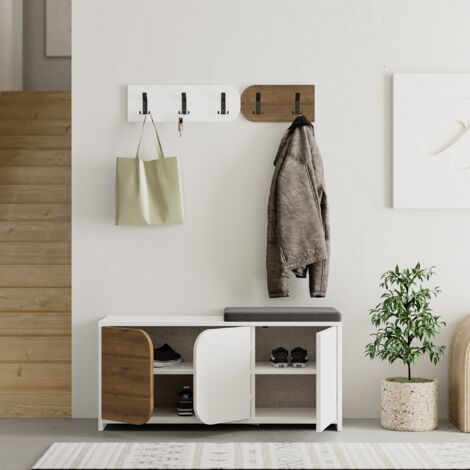 Meuble à Chaussures et Porte-manteau Blanc et Hitit, 104,9x52 cm, Pour Entrée ou Couloir