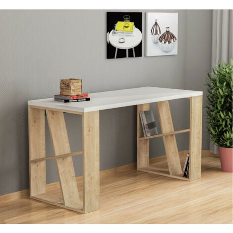 Bureau d'Étude Blanc et Chêne, Spacieux avec Étagères, 140x75x60 cm, Pour Chambre d'Étudiant ou Bureau à Domicile