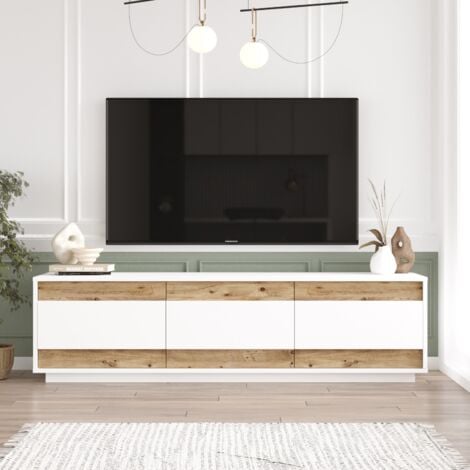 Meuble TV Bicolore en Pin Atlantique et Blanc - 180x48,6 cm, Profondeur 44,8 cm, Style Moderne et Spacieux