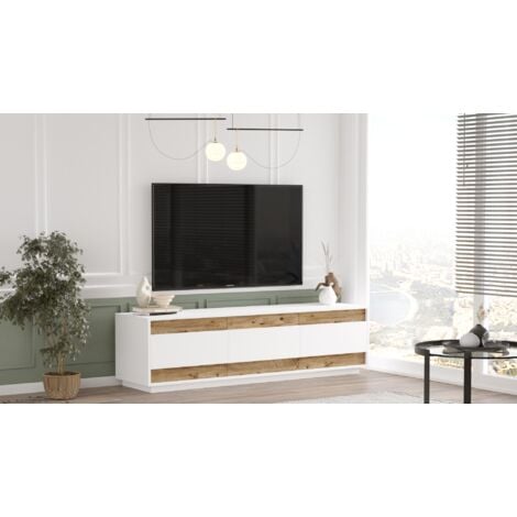 Meuble TV Bicolore en Pin Atlantique et Blanc - 180x48,6 cm, Profondeur 44,8 cm, Style Moderne et Spacieux