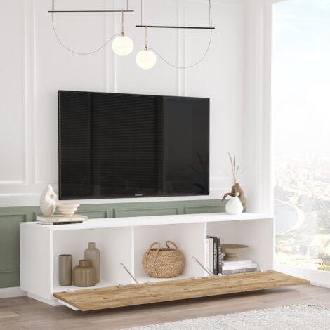 Meuble TV Bicolore en Pin Atlantique et Blanc - 180x48,6 cm, Profondeur 44,8 cm, Style Moderne et Spacieux