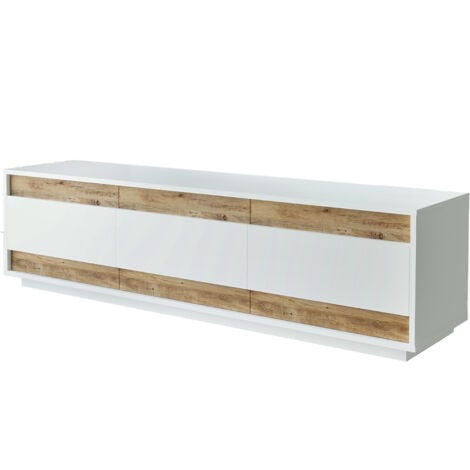 Meuble TV Bicolore en Pin Atlantique et Blanc - 180x48,6 cm, Profondeur 44,8 cm, Style Moderne et Spacieux