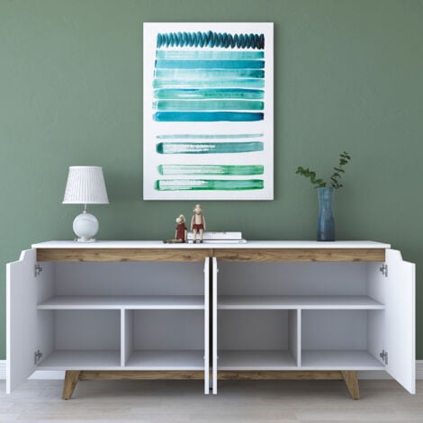 Console en Blanc et Noyer - 180x78,6 cm, Profondeur 45 cm, Étagères Multiples, Peut Être Fixée au Mur, Design Moderne