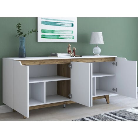 Console en Blanc et Noyer - 180x78,6 cm, Profondeur 45 cm, Étagères Multiples, Peut Être Fixée au Mur, Design Moderne