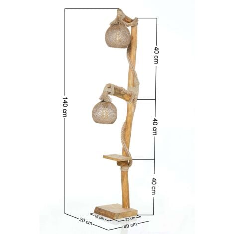Lampe de Sol à Double Abat-jour en Bois Naturel - Ø24 cm, Hauteur Totale 140 cm, Type de Douille E27, pour Salon Rustique