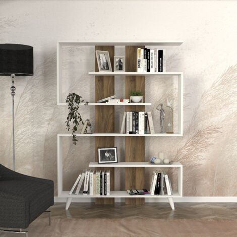 Bibliothèque Scandinave en Panneau de Particules Mélaminé 120x162x20 cm avec Nombreuses Étagères - Blanc et Noyer