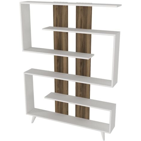 Bibliothèque Scandinave en Panneau de Particules Mélaminé 120x162x20 cm avec Nombreuses Étagères - Blanc et Noyer