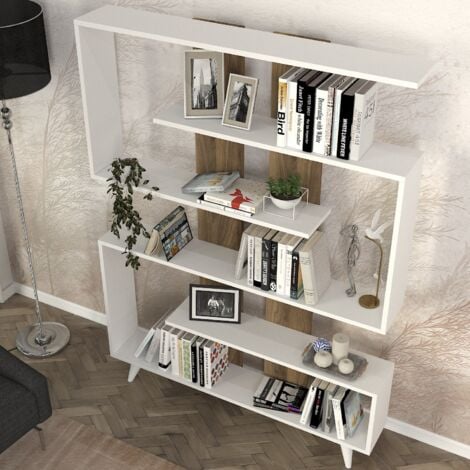 Bibliothèque Scandinave en Panneau de Particules Mélaminé 120x162x20 cm avec Nombreuses Étagères - Blanc et Noyer