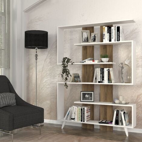 Bibliothèque Scandinave en Panneau de Particules Mélaminé 120x162x20 cm avec Nombreuses Étagères - Blanc et Noyer