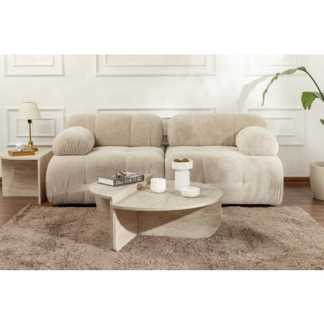 Table Basse Gigogne Ronde Bois en Travertin, Deux Pièces, 90x30x60 cm et 85x35x30 cm, Design Polyvalent, Pour Salon ou Bureau