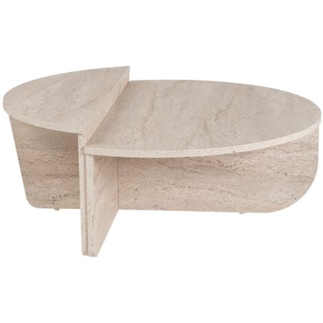 Table Basse Gigogne Ronde Bois en Travertin, Deux Pièces, 90x30x60 cm et 85x35x30 cm, Design Polyvalent, Pour Salon ou Bureau