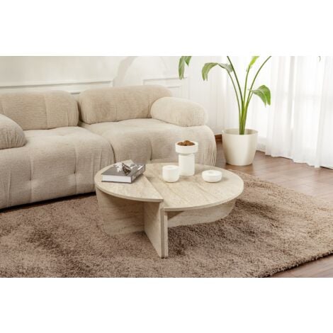 Table Basse Gigogne Ronde Bois en Travertin, Deux Pièces, 90x30x60 cm et 85x35x30 cm, Design Polyvalent, Pour Salon ou Bureau