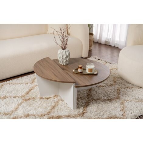 Table Basse Gigogne Ronde Bois en Noyer et Blanc, Deux Pièces, 90x30x60 cm et 85x35x30 cm, Design Polyvalent, Pour Salon ou Bureau