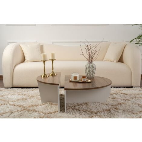 Table Basse Gigogne Ronde Bois en Noyer et Blanc, Deux Pièces, 90x30x60 cm et 85x35x30 cm, Design Polyvalent, Pour Salon ou Bureau