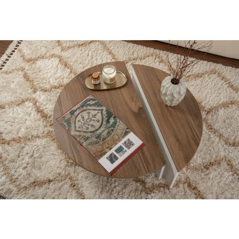 Table Basse Gigogne Ronde Bois en Noyer et Blanc, Deux Pièces, 90x30x60 cm et 85x35x30 cm, Design Polyvalent, Pour Salon ou Bureau