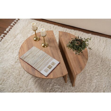 Table Basse Gigogne Ronde Bois en Pin Atlantique, Deux Pièces, 90x30x60 cm et 85x35x30 cm, Design Polyvalent, Pour Salon ou Bureau