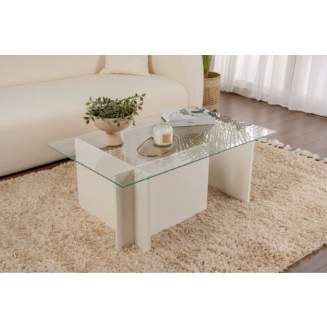 Table Basse Verre Fixe Gigogne Rectangulaire Bois en Blanc 105x65x40 cm Pour Salon ou Bureau