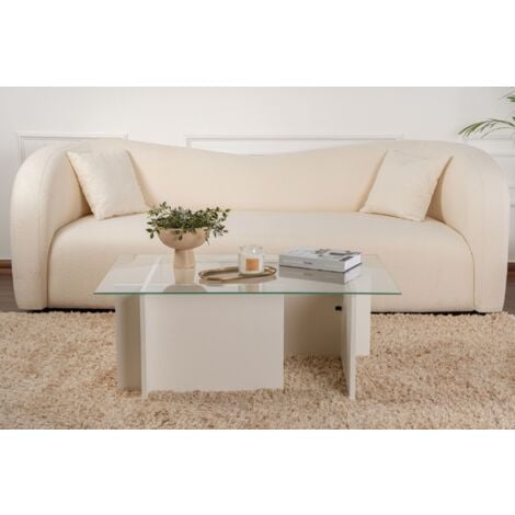 Table Basse Verre Fixe Gigogne Rectangulaire Bois en Blanc 105x65x40 cm Pour Salon ou Bureau