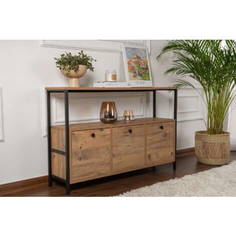 Console Pin Atlantique & Noir - Design Moderne avec Rangement Multiples, 120x75x30 cm Idéale pour Salon, Entrée et Bureau