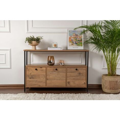 Console Pin Atlantique & Noir - Design Moderne avec Rangement Multiples, 120x75x30 cm Idéale pour Salon, Entrée et Bureau
