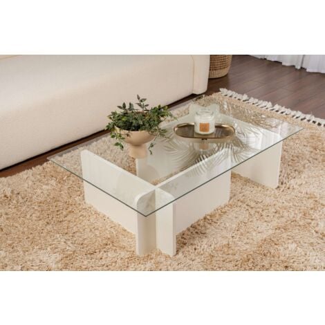 Table Basse Verre Fixe Gigogne Rectangulaire Bois en Blanc 105x65x30 cm Pour Salon ou Bureau