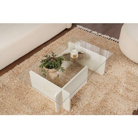 Table Basse Verre Fixe Gigogne Rectangulaire Bois en Blanc 105x65x30 cm Pour Salon ou Bureau