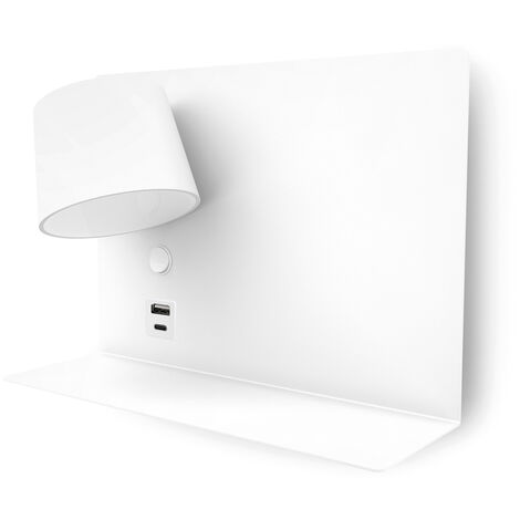 Applique Murale LED SLANGE 2 Avec Bras Orientable - 3W + 6W, Ports USB/USB-C - Blanc Chaud 3000K - Étagère Intégrée - 12