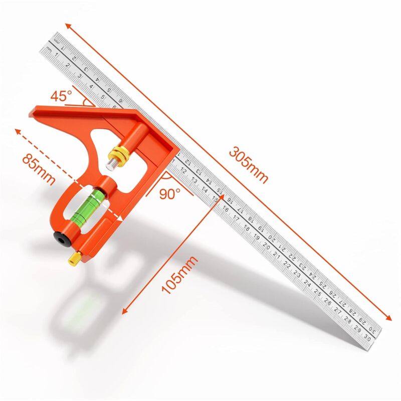 WORKPRO Équerre combinée 300 mm, angle combiné universel avec niveau à  bulle, règle