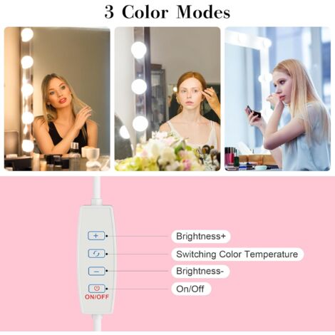 Kit Lumière Miroir Hollywood - 10 Ampoules LED - 3 Couleurs, 10 Intensités - USB Pour Coiffeuse Maquillage