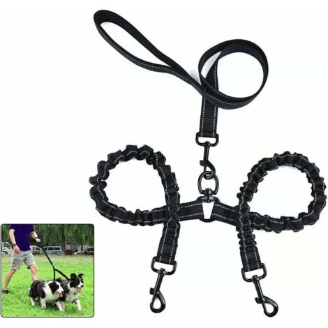 Laisse Double Pour 2 Chiens – Réglable, élastique, Boucle Rotative 360°, Nylon Résistant, Noir Et Bleu - 7