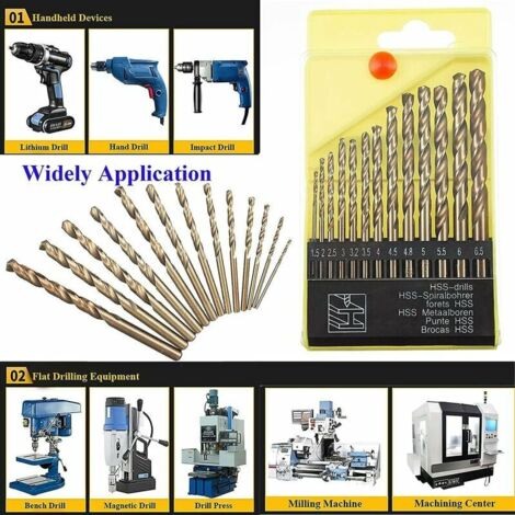 Pour une perceuse 13pcs M35 Hss Cobalt Gold Hss Jeu de forets hélicoïdaux pour perceuses métriques à grande vitesse 1,5 mm - 6,5 mm pour le perçage de l'acier inoxydable et du métal-DPZO
