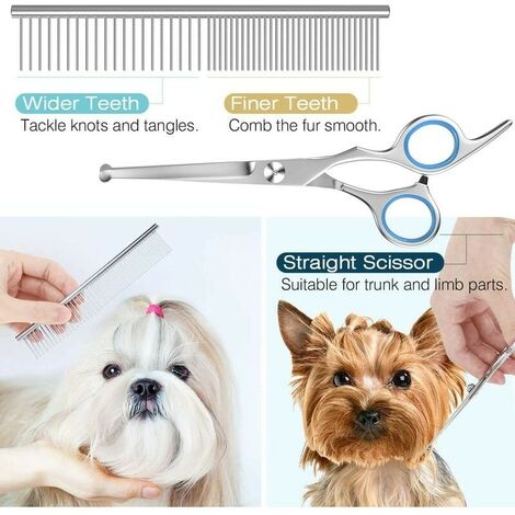 Ciseaux de toilettage pour chiens, ensemble d'outils de toilettage pour animaux de compagnie en acier inoxydable revêtu de titane 5 pièces, cisailles et peigne amincissants/droits/courbés, bleu-DPZO