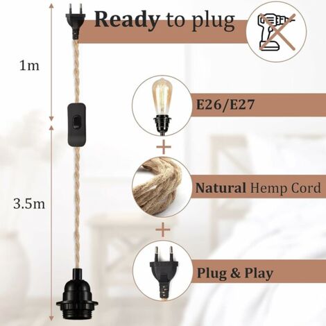 2 paires Lustre Corde de Chanvre Câble 4.5m, Douille E27 Interrupteur avec Fil Cable Ampoule, Pour DIY Lampe Suspension Lumière Pendante Industrielle Lustre Douille Fil Electrique Vintage