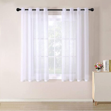 Rideau Voilages Transparent- en Dégradé à Oeillets - pour Cuisine Salon Chambre-2 panneaux 140175CM Blanc - Blanc