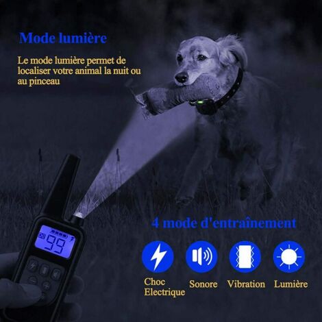 Collier de Dressage pour Chiens Rechargeable et IP67 Étanche avec Distance de 800m avec 99 Niveaux de Mode Vibration, Choc Electrique, Sonore.