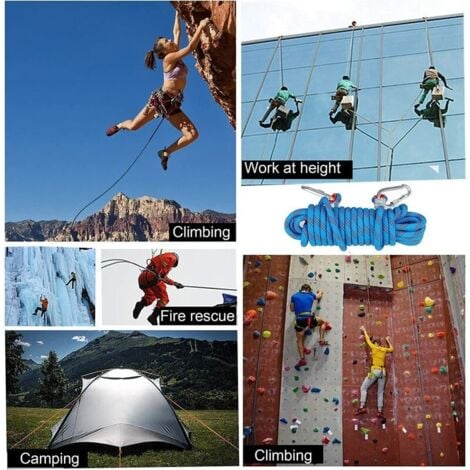[JAMAIS UTILISÉ]Corde d'escalade avec Mousqueton de Sécurité Statique 10mm Corde d'alpinisme Polyester Sauvetage pour Randonnée Alpinisme Montagne 10M-DPZO
