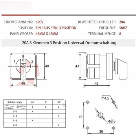 [JAMAIS UTILISÉ]DPZO Déstockage  Universel camé rotatif 20 A 3 positions 8 bornes 690 V Commutateur de changement de camé,-DPZO