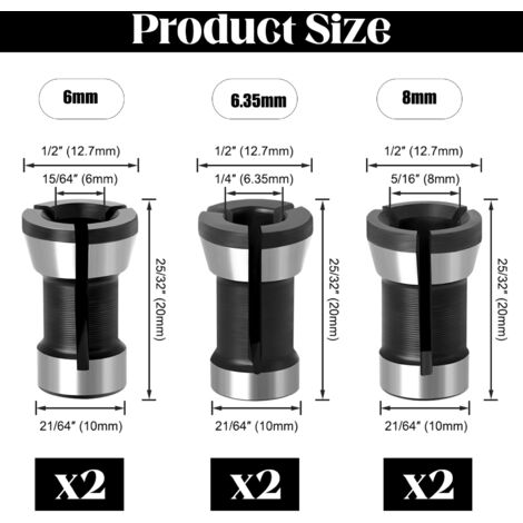 [JAMAIS UTILISÉ]6/6.35/8mm 6 Pièces Tête de Mandrin HSS Pince de Serrage Defonceuse Tête Adaptateur Convertisseur pour Perceuses Machine de Gravure pour Rogneuse Menuiserie électrique Pince de Routeur